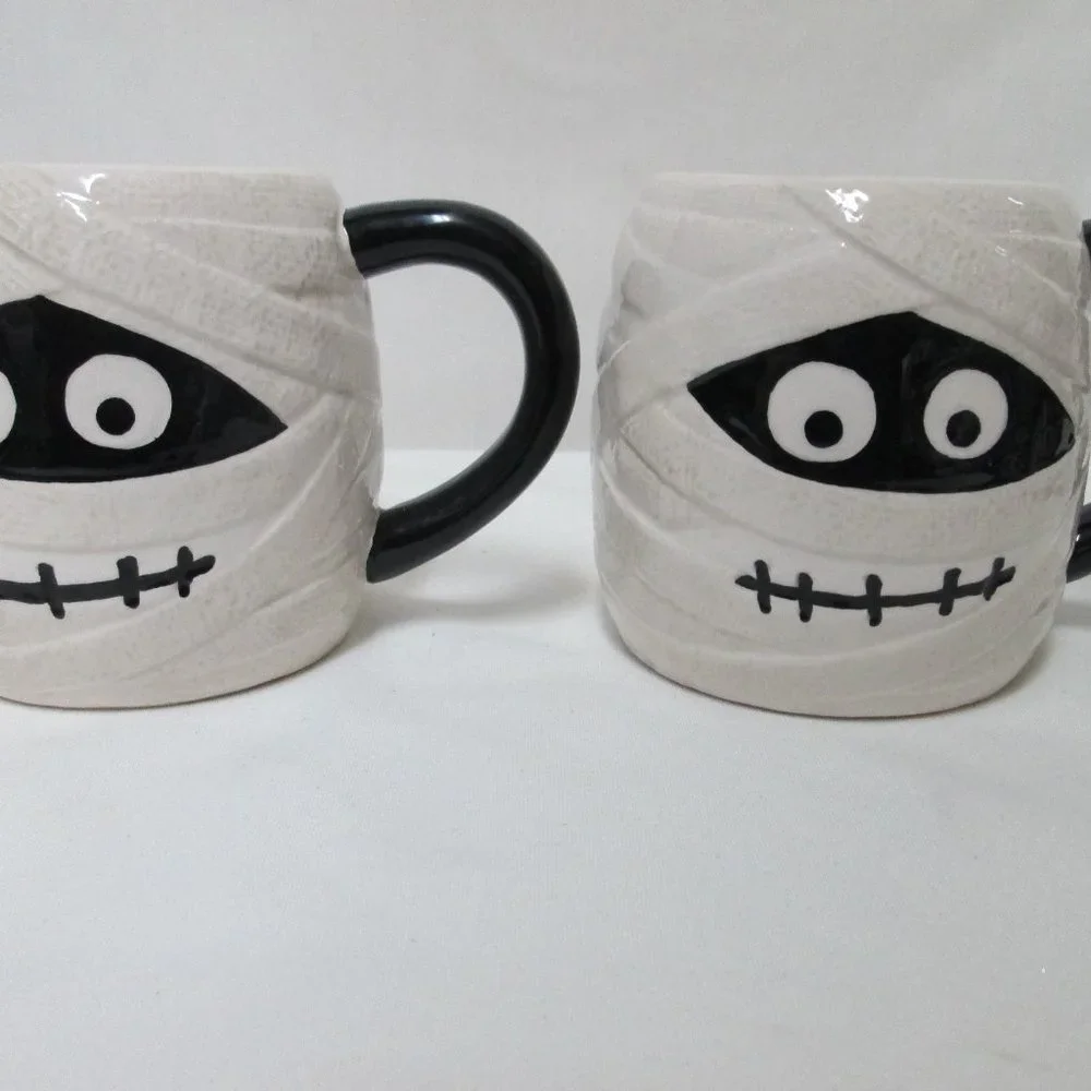 Pier 1 One Ghost Mug Cup Hand Painted Dolomite Halloween Spooky Set 2 dish safe